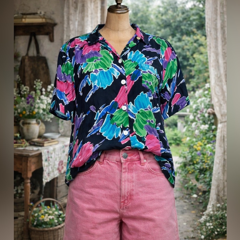 Vintage 80s/90s Hiroko, abstract, print, button up, blouse/top